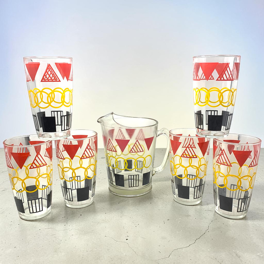 Vintage MCM De Stijl Style Geometric Glass Pitcher & 6 Tumblers Atomic Bar Set
